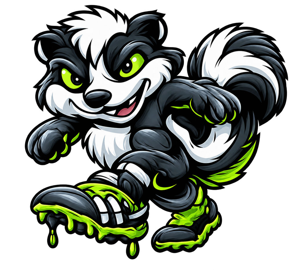 The StinkyZ skunk mascot in football boots
